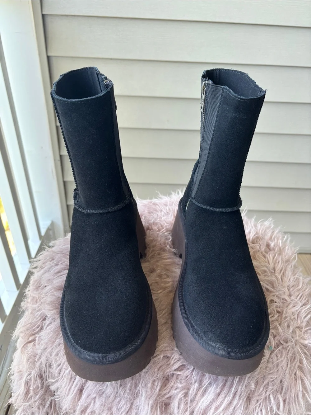 UGG Black Suede Platform Ankle Boots with Side Zip - Picture 2 of 8